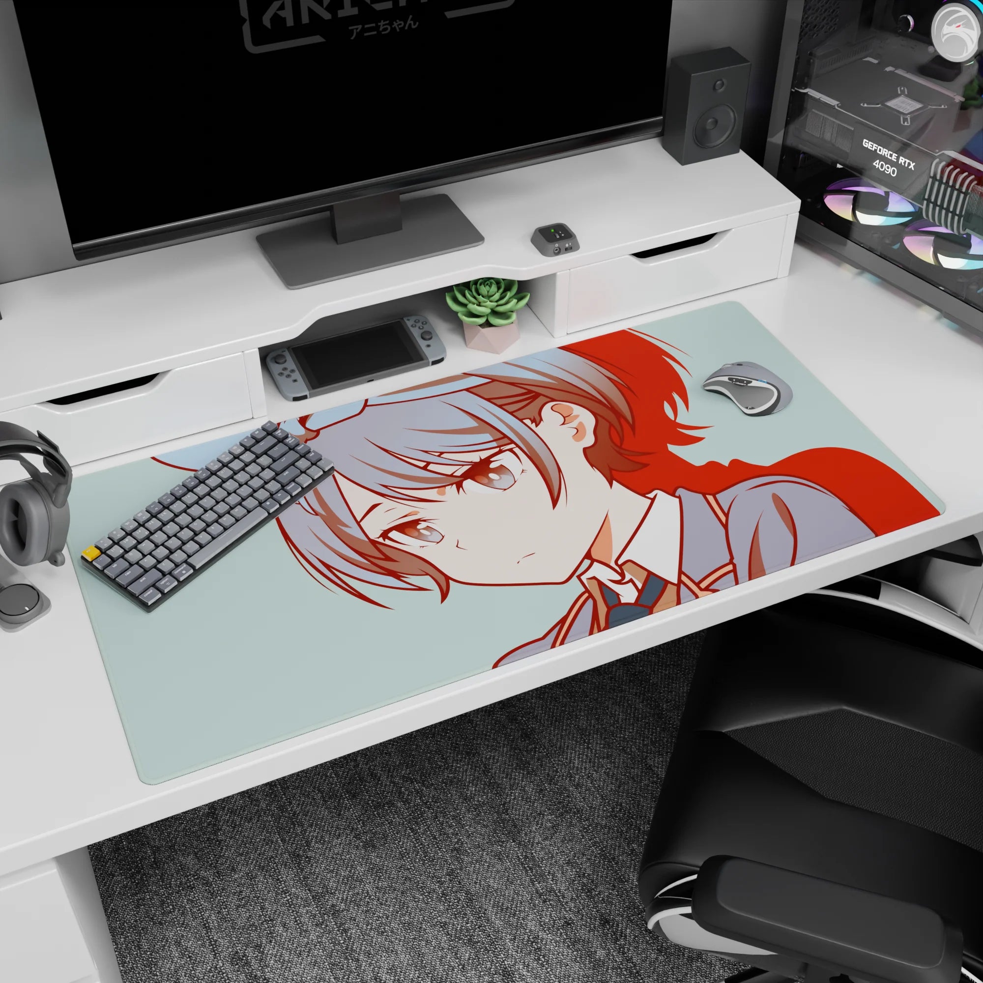 Anime schoolgirl desk mat 40x20 inches featuring a stubborn, calm girl with bow and gray-blue hair by keyboard.