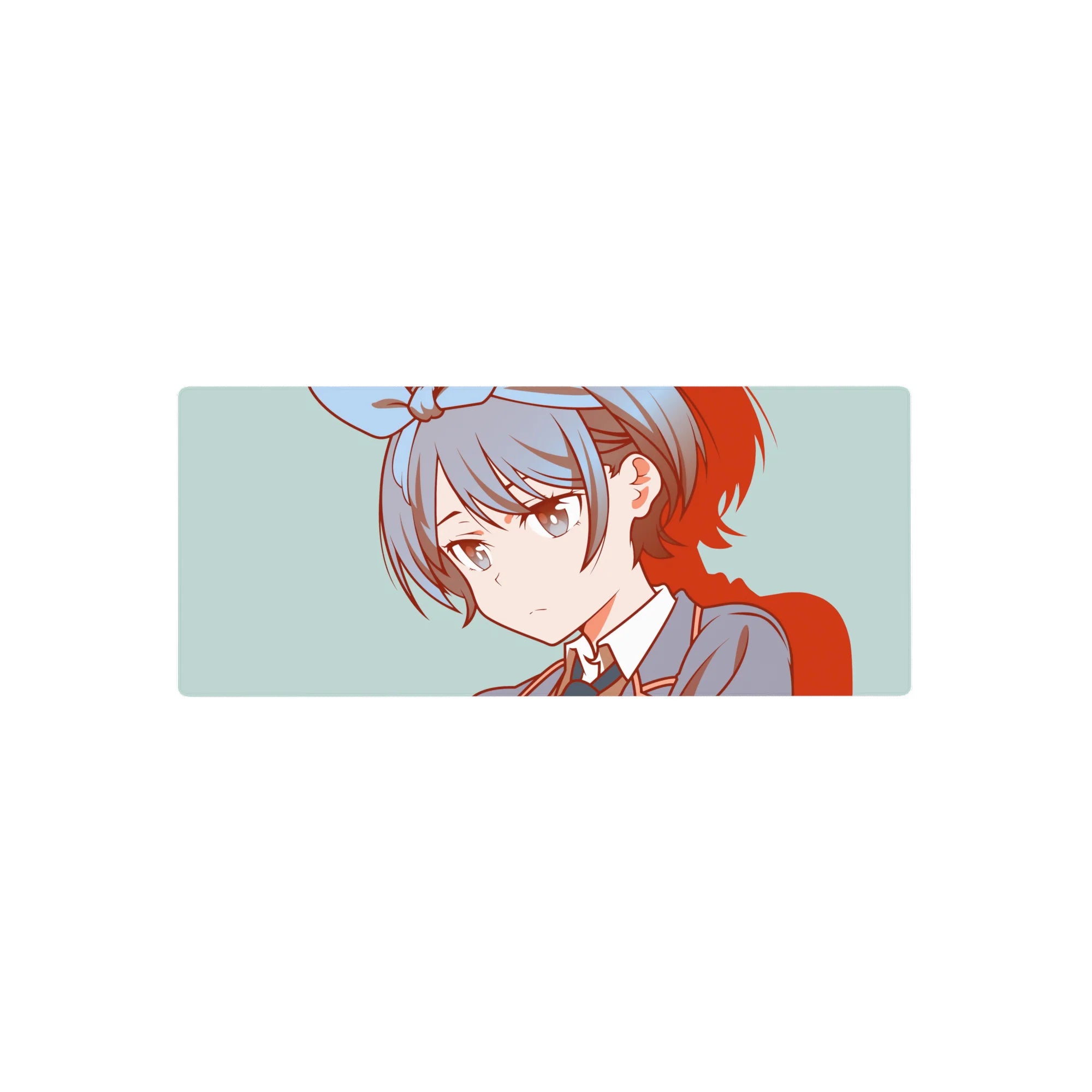 Anime girl mouse pad 28x12 inches with gray-blue hair and bow, clean line art and red shadow accents.