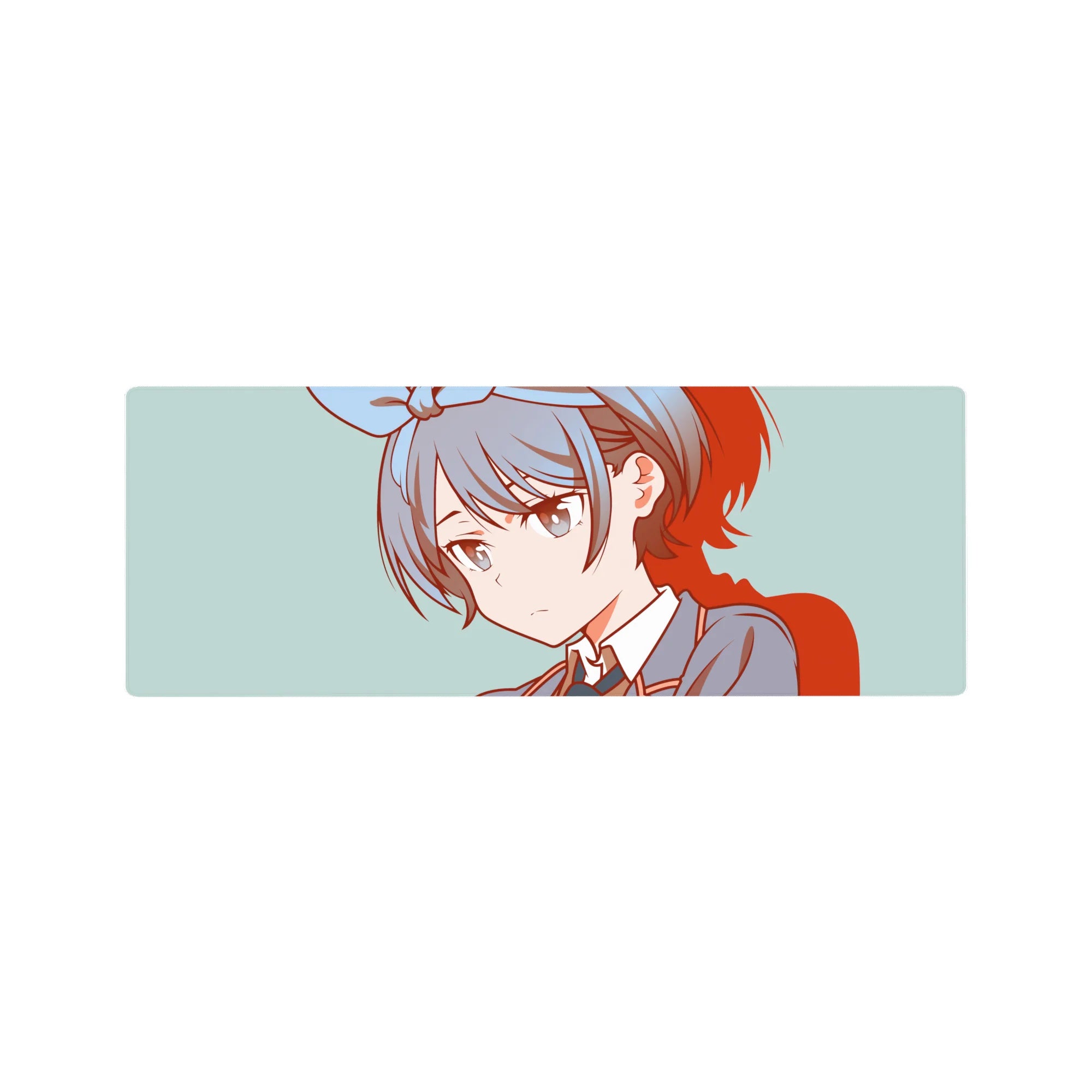 Anime girl mouse pad 32x12 inches with gray-blue hair, bow, clean line art, and red shadow accents.