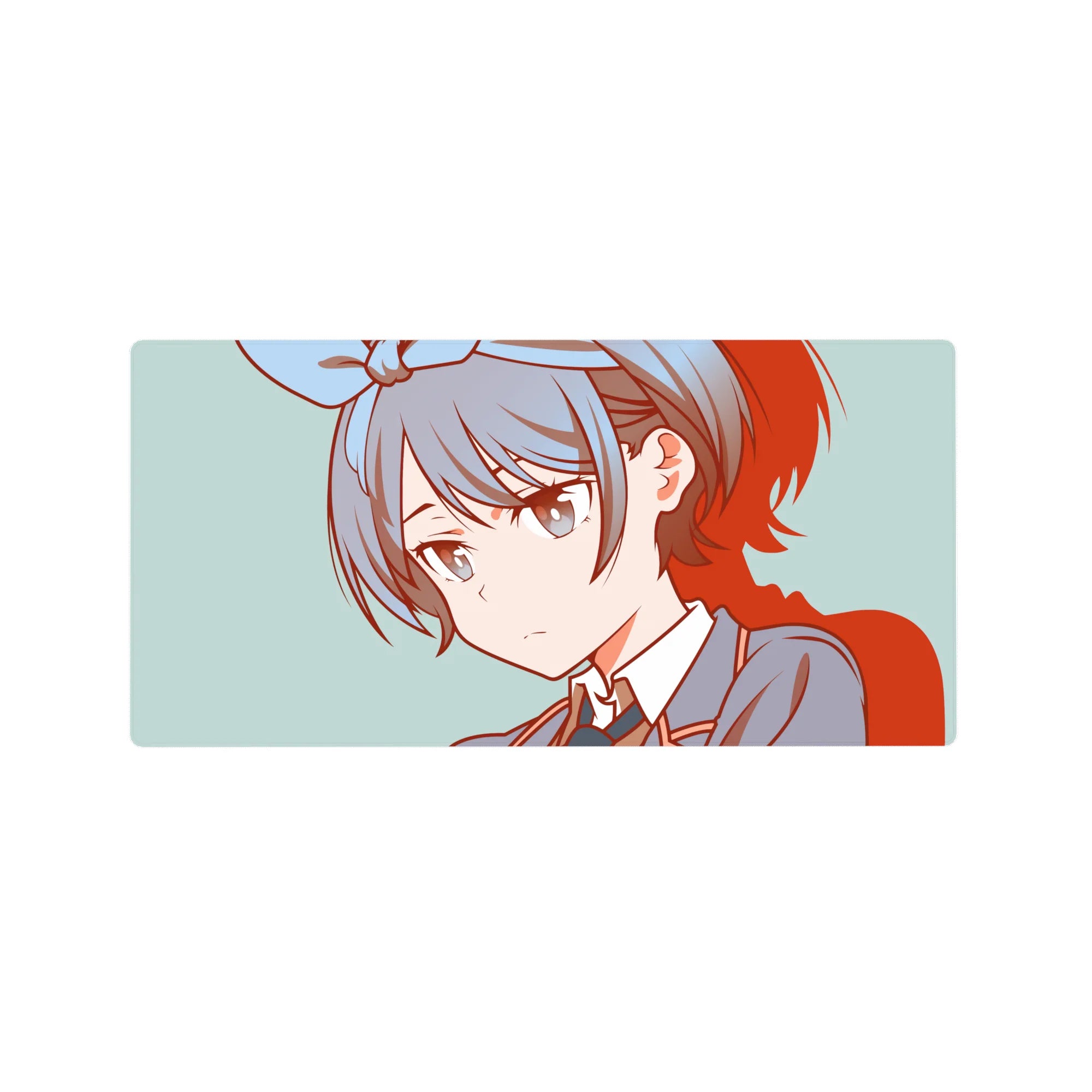 32x16 inches anime girl mouse pad with gray-blue hair, bow, clean line art, teal backdrop and red shadows.