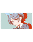 32x16 inches anime girl mouse pad with gray-blue hair, bow, clean line art, teal backdrop and red shadows.