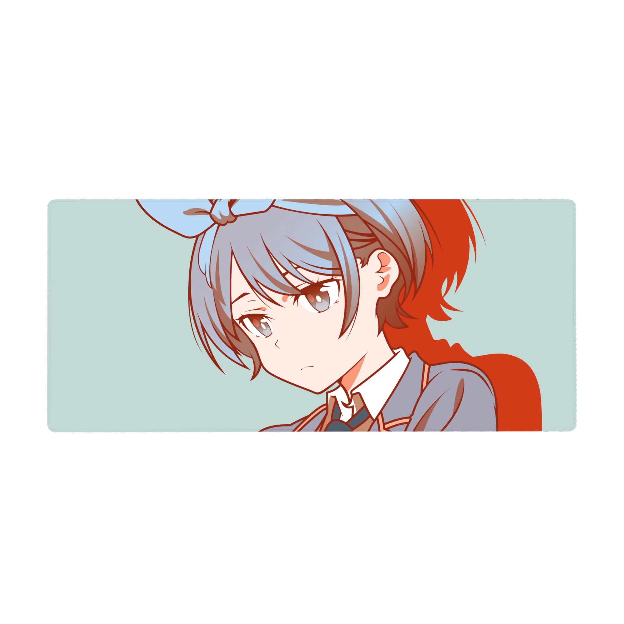 Anime girl desk pad 36x16 inches with gray-blue hair, bow, clean line art, teal backdrop, red shadows.