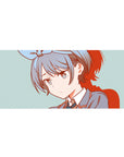 Anime girl desk pad 36x16 inches with gray-blue hair, bow, clean line art, teal backdrop, red shadows.