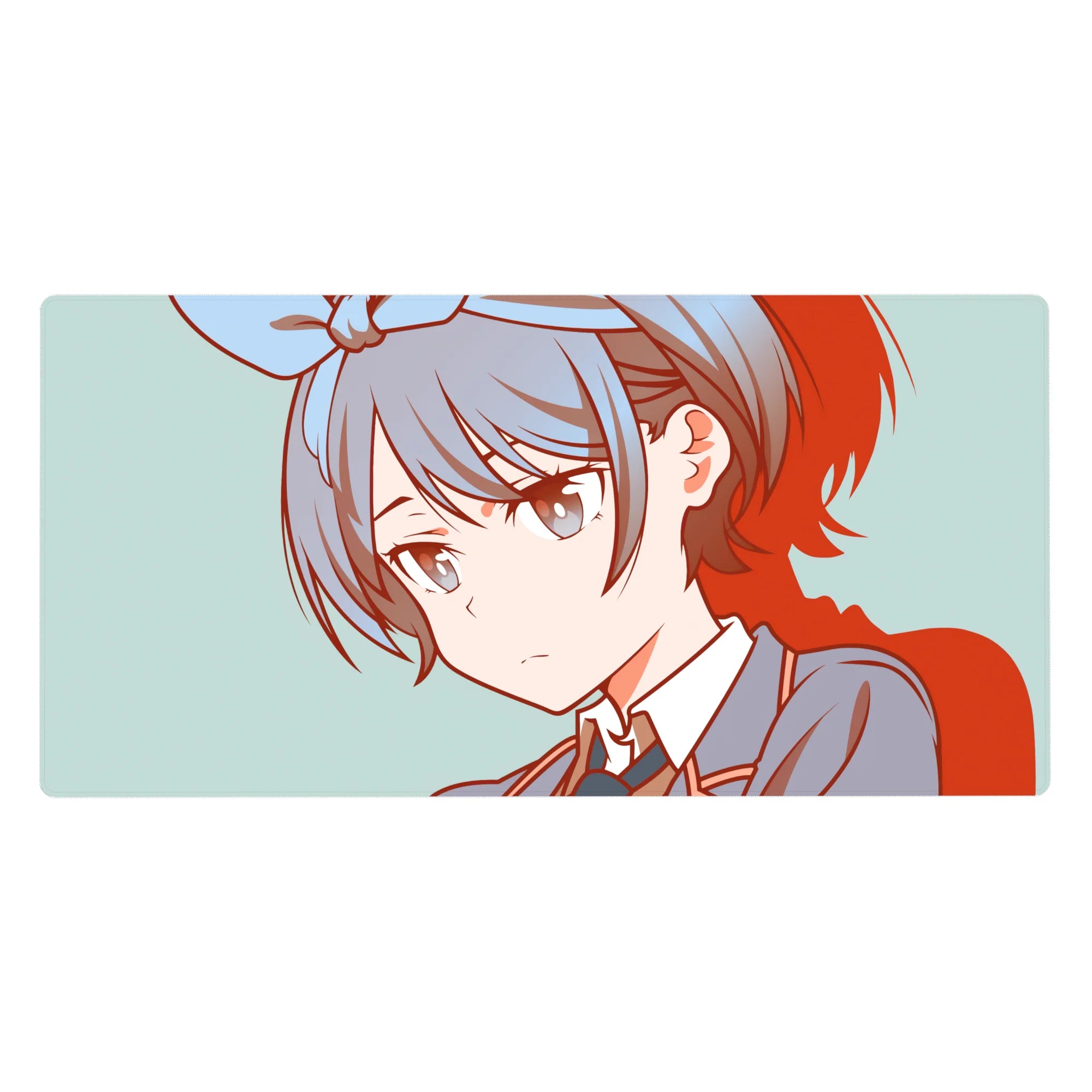 Anime girl desk pad 40x20 inches with gray-blue hair, bow, school uniform line art and red shadow accents.