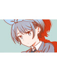 Anime girl desk pad 40x20 inches with gray-blue hair, bow, school uniform line art and red shadow accents.