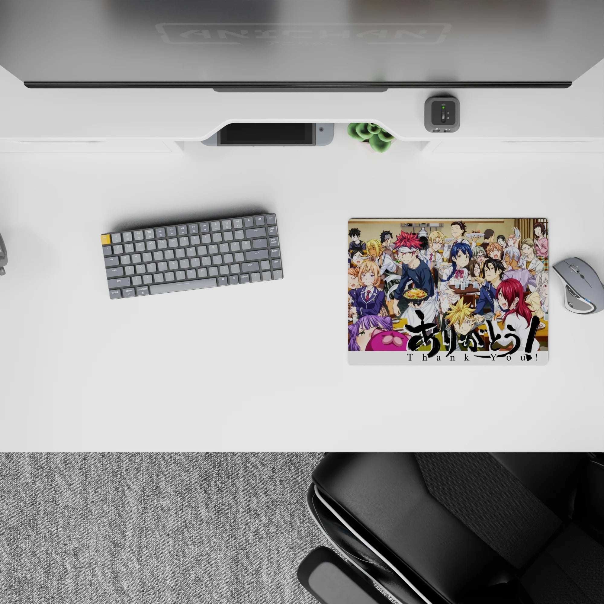 Colorful 14x10 inches anime mouse pad in warm wood tones, bright hair colors, lively lunchroom mood.