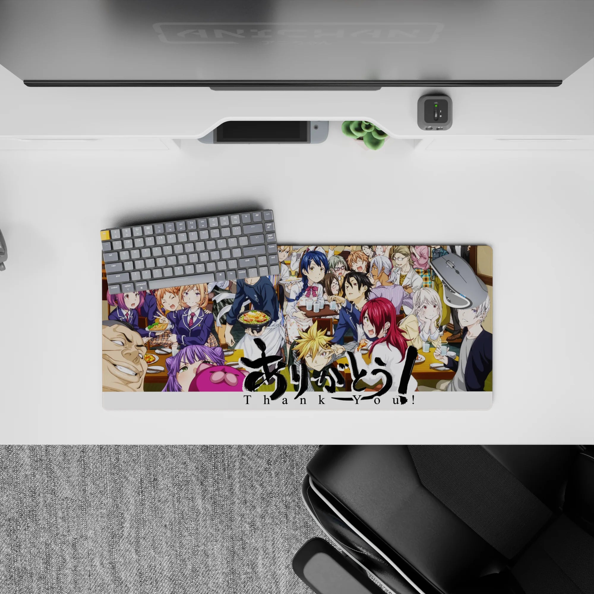 28x12 inches anime mouse pad in warm wood tones and bright hair colors, bustling and playful dinner vibe.