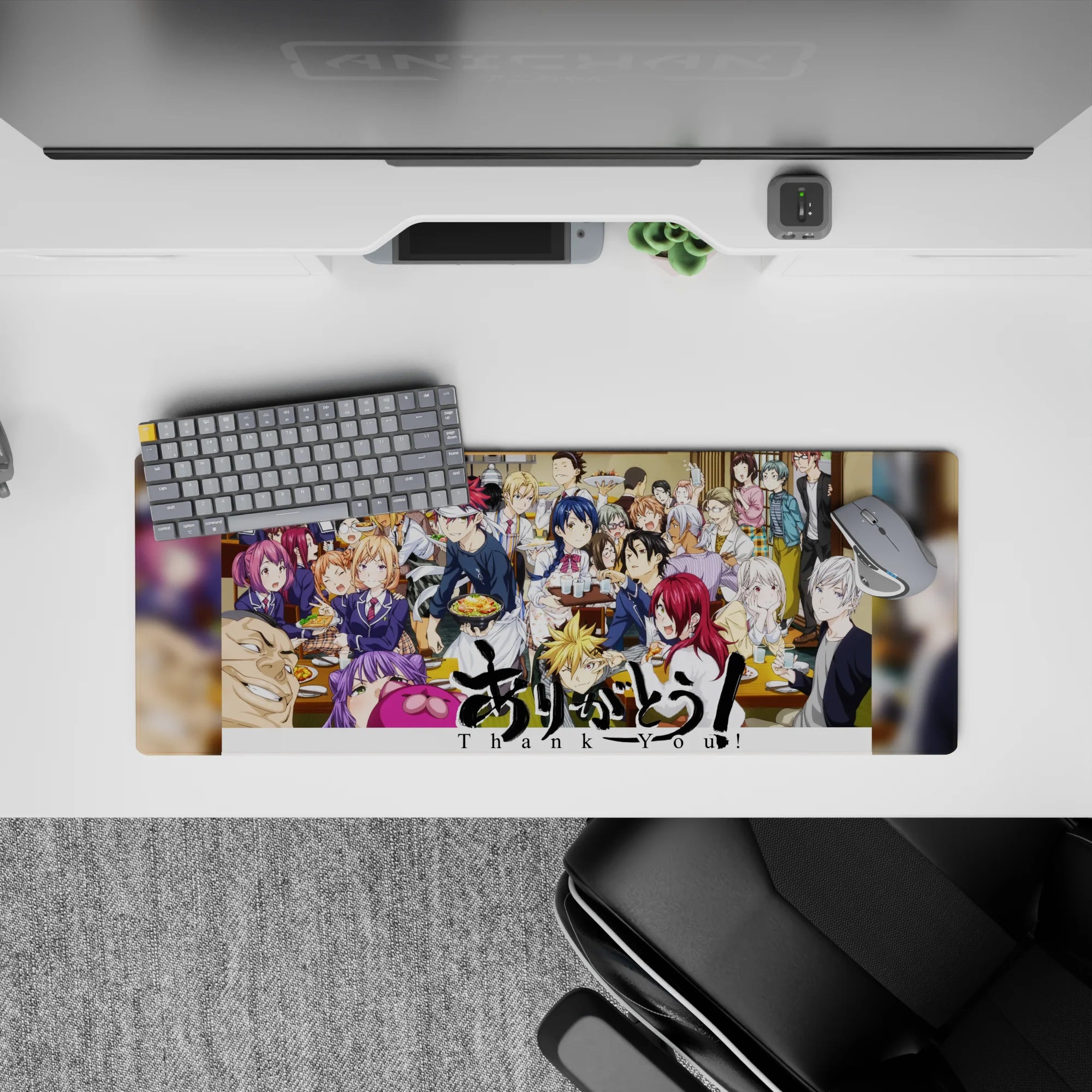 Anime mouse pad 32x12 inches in warm wood tones, bright hair colors, lively cafeteria-style mood.