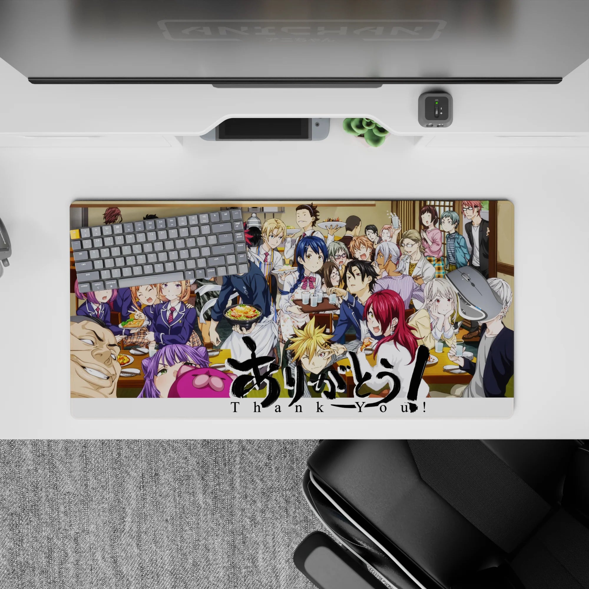 Anime mouse pad 32x16 inches in warm wood tones, bright hair colors, and lively cafeteria chatter vibe.
