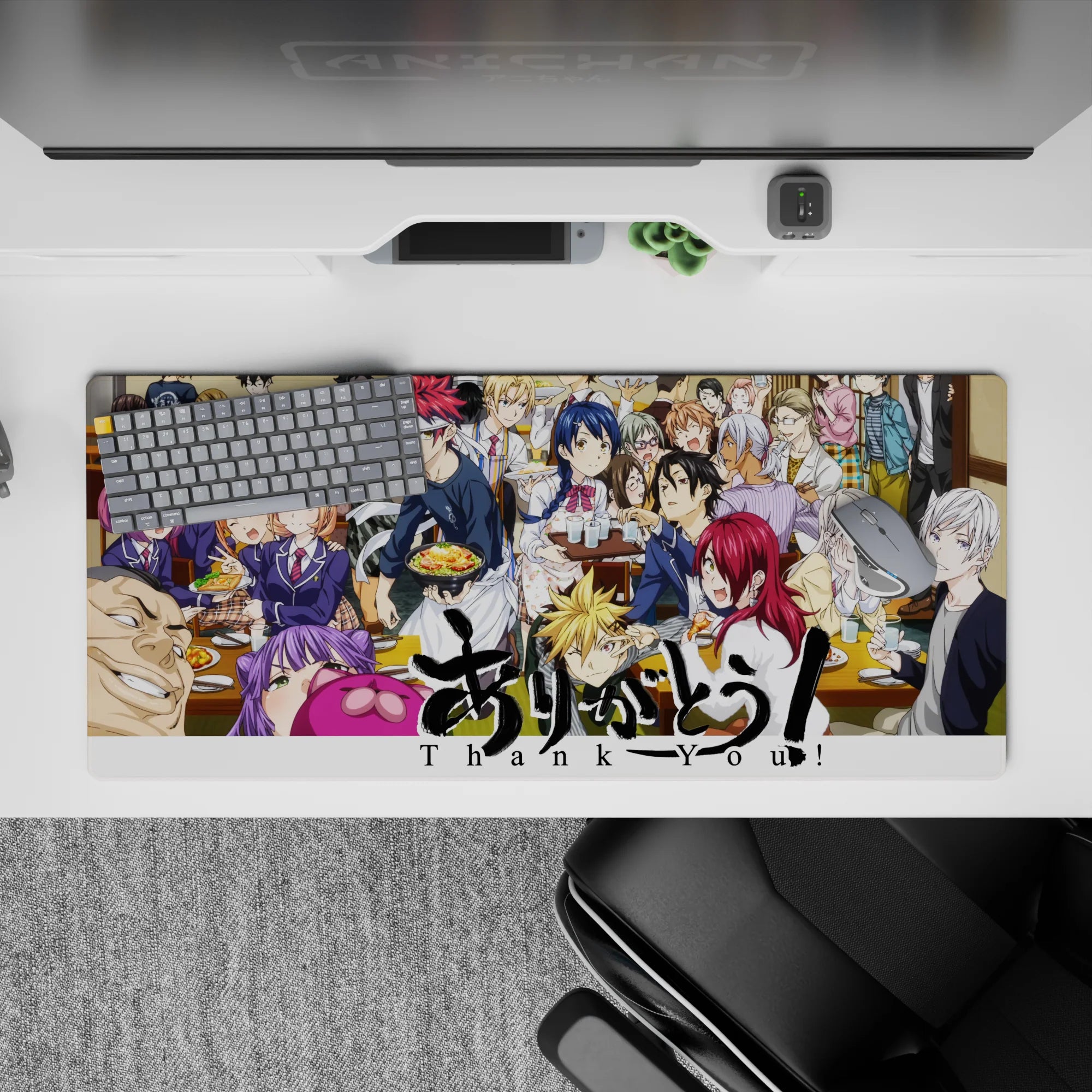 Colorful anime desk pad 36x16 inches with warm wood tones, bright hair, and lively cafeteria energy.