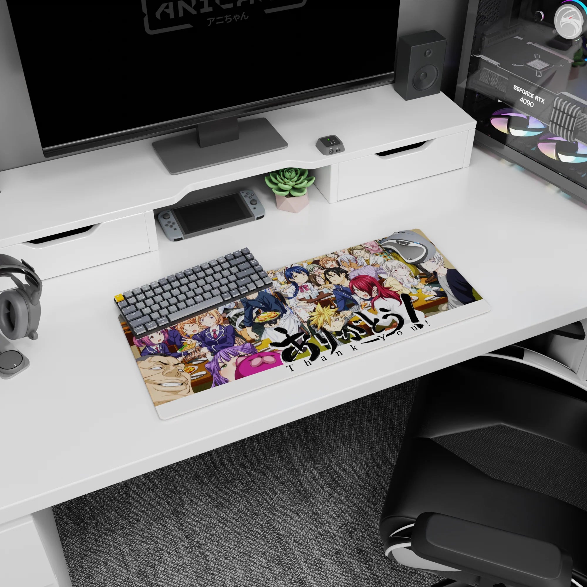 28x12 inches anime mouse pad with Soma in headband and apron holding a tray as friends steal bites.