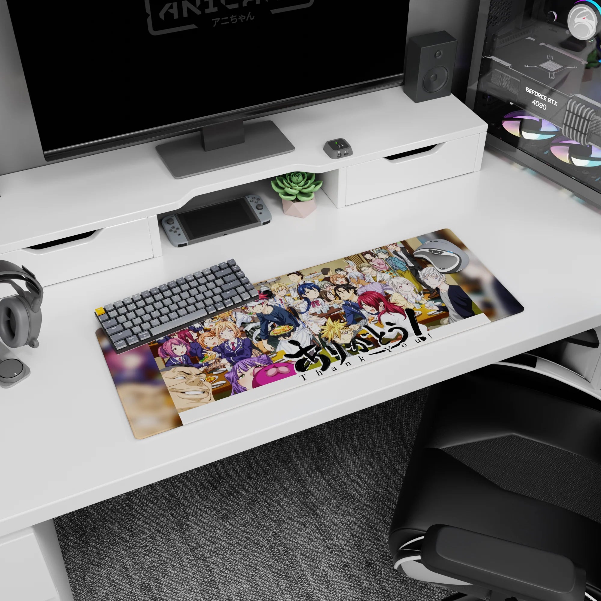 Soma Yukihira in headband and apron holding a tray on an anime mouse pad 32x12 inches.