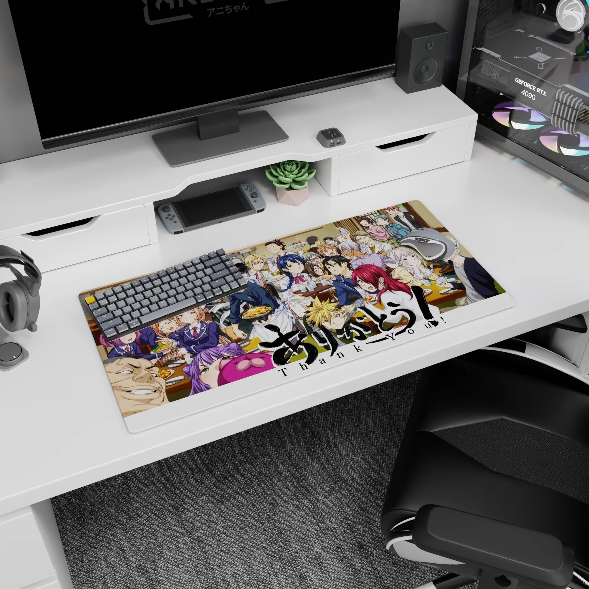 Soma Yukihira serving food on a tray amid laughing classmates on an anime mouse pad 32x16 inches.