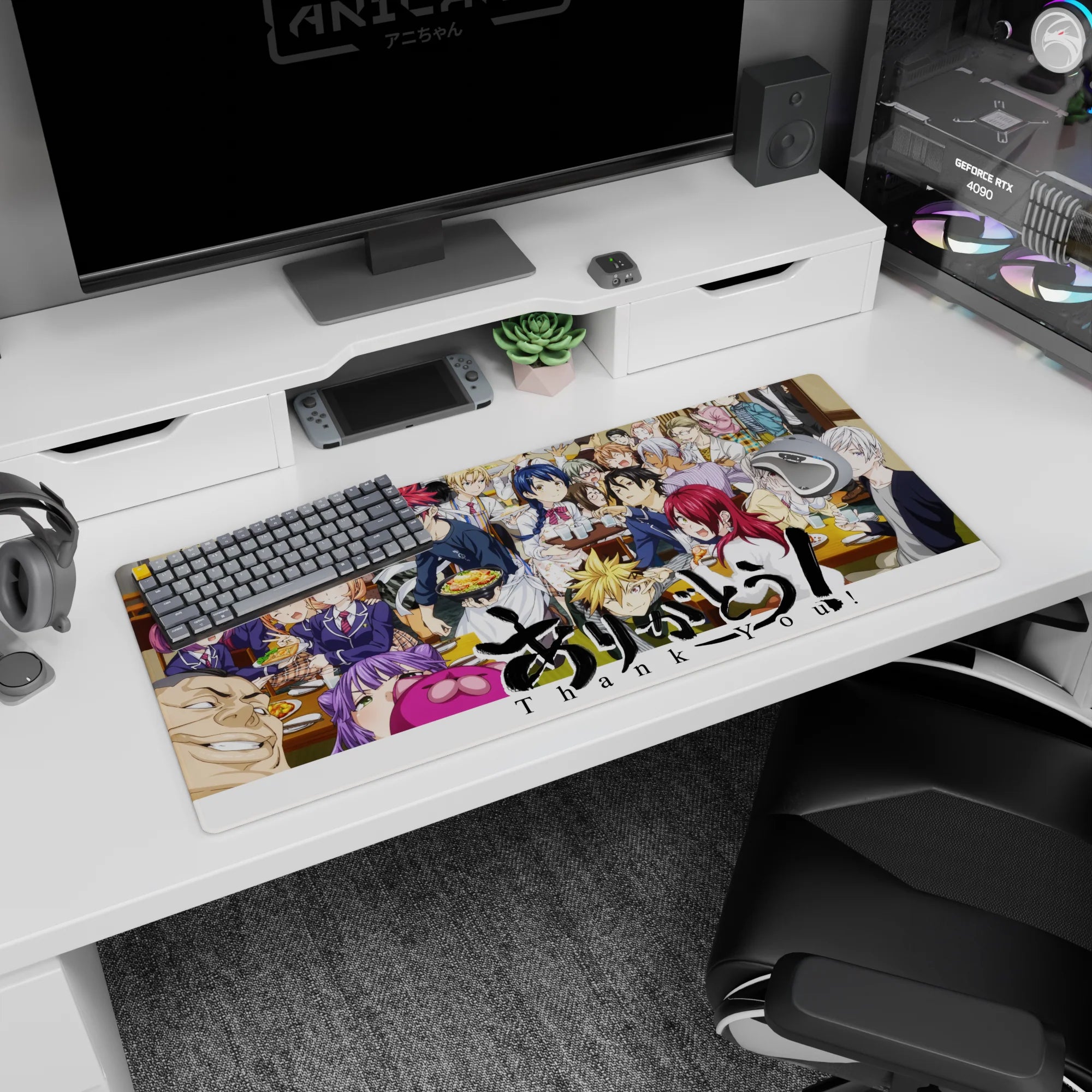 Shokugeki no Soma desk pad 36x16 inches featuring Soma in headband and apron holding a food tray.