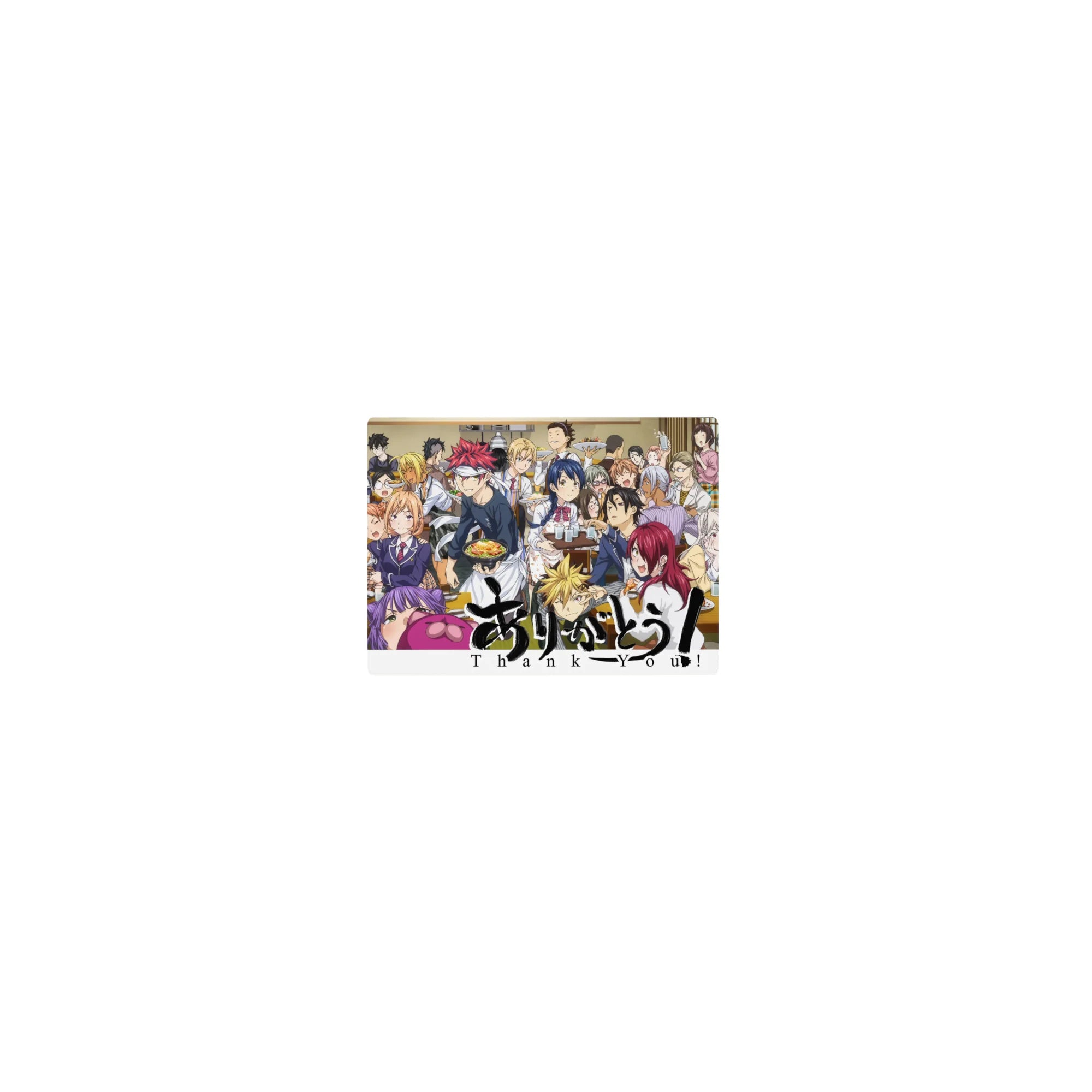 Classic anime mouse pad 14x10 inches with Food Wars cafeteria feast scene, crowded friends and food plates.