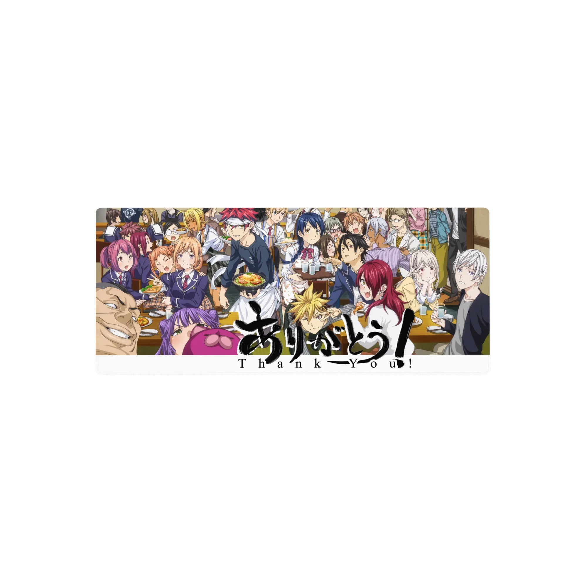 28x12 inches anime mouse pad featuring a lively Food Wars cafeteria feast with classmates and food plates.