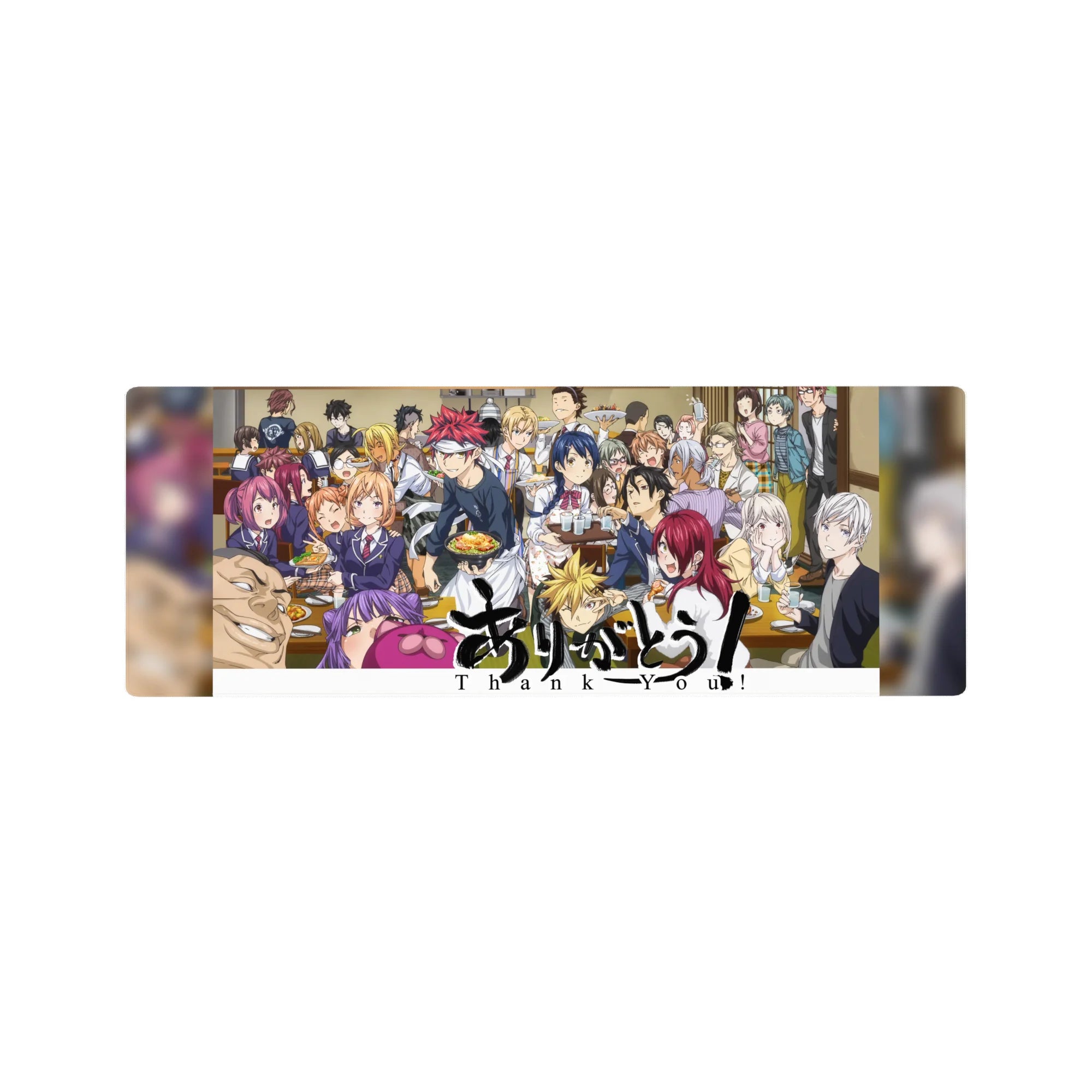 Food Wars anime mouse pad 32x12 inches, full-table feast scene with classmates crowding the room.
