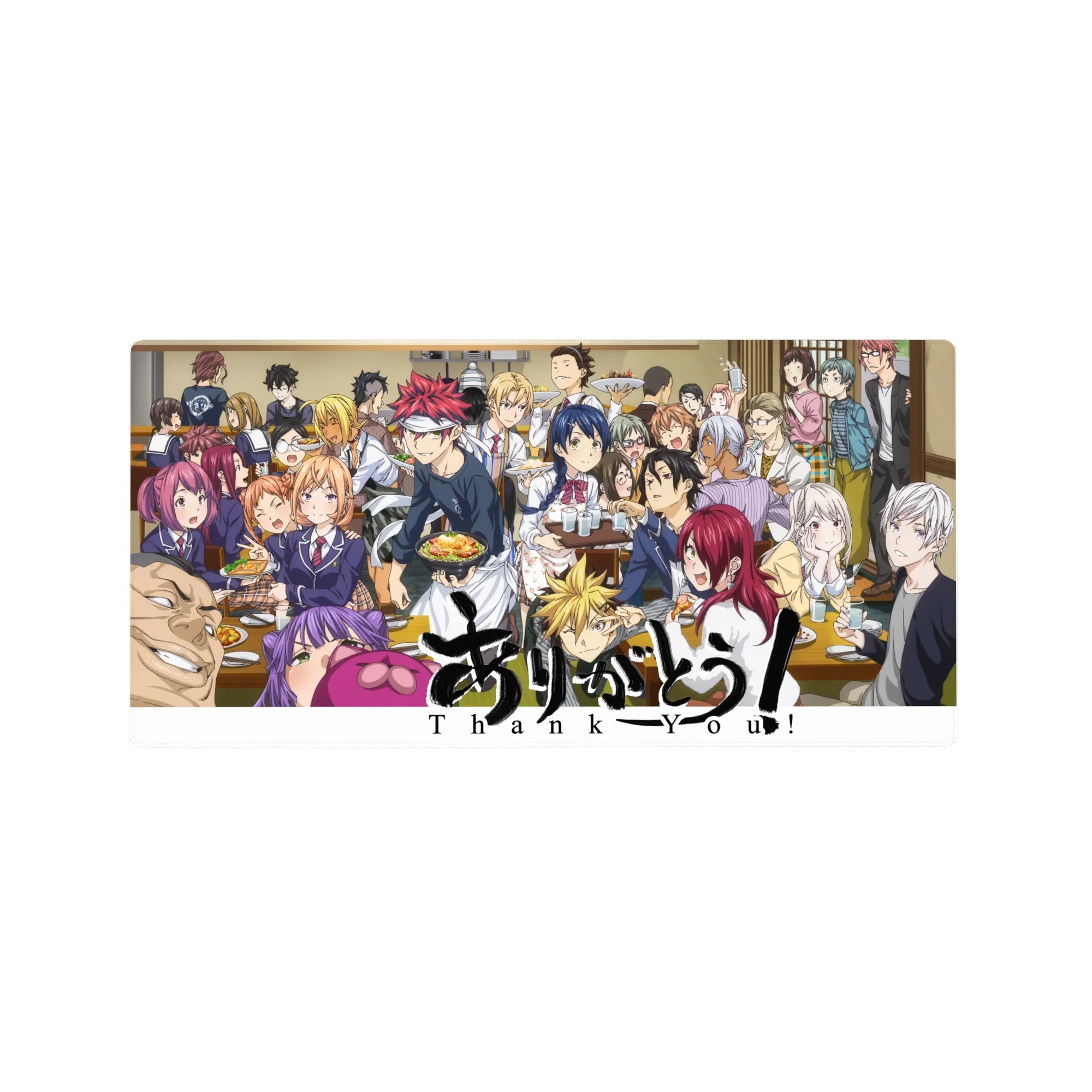 Food Wars anime mouse pad 32x16 inches featuring a full-table feast with Soma and classmates in a busy dining room.