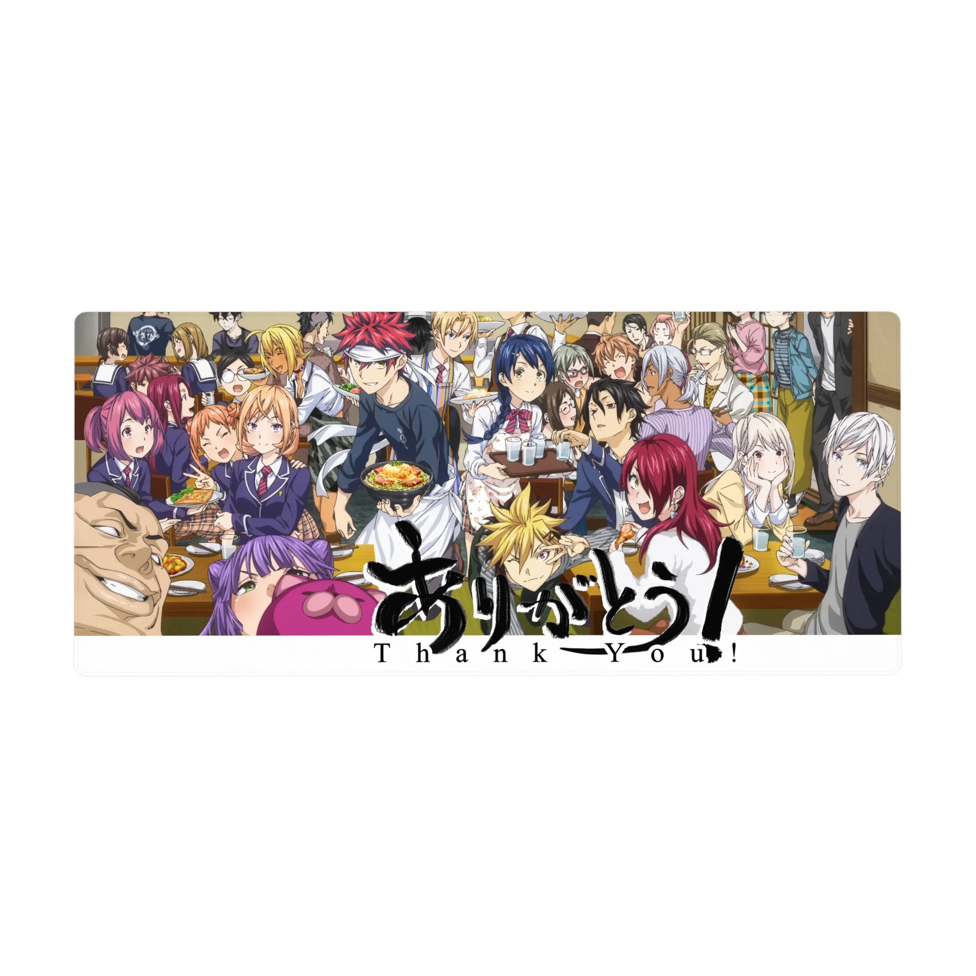 Food Wars anime desk pad 36x16 inches, full-table feast scene with classmates laughing and plates everywhere.