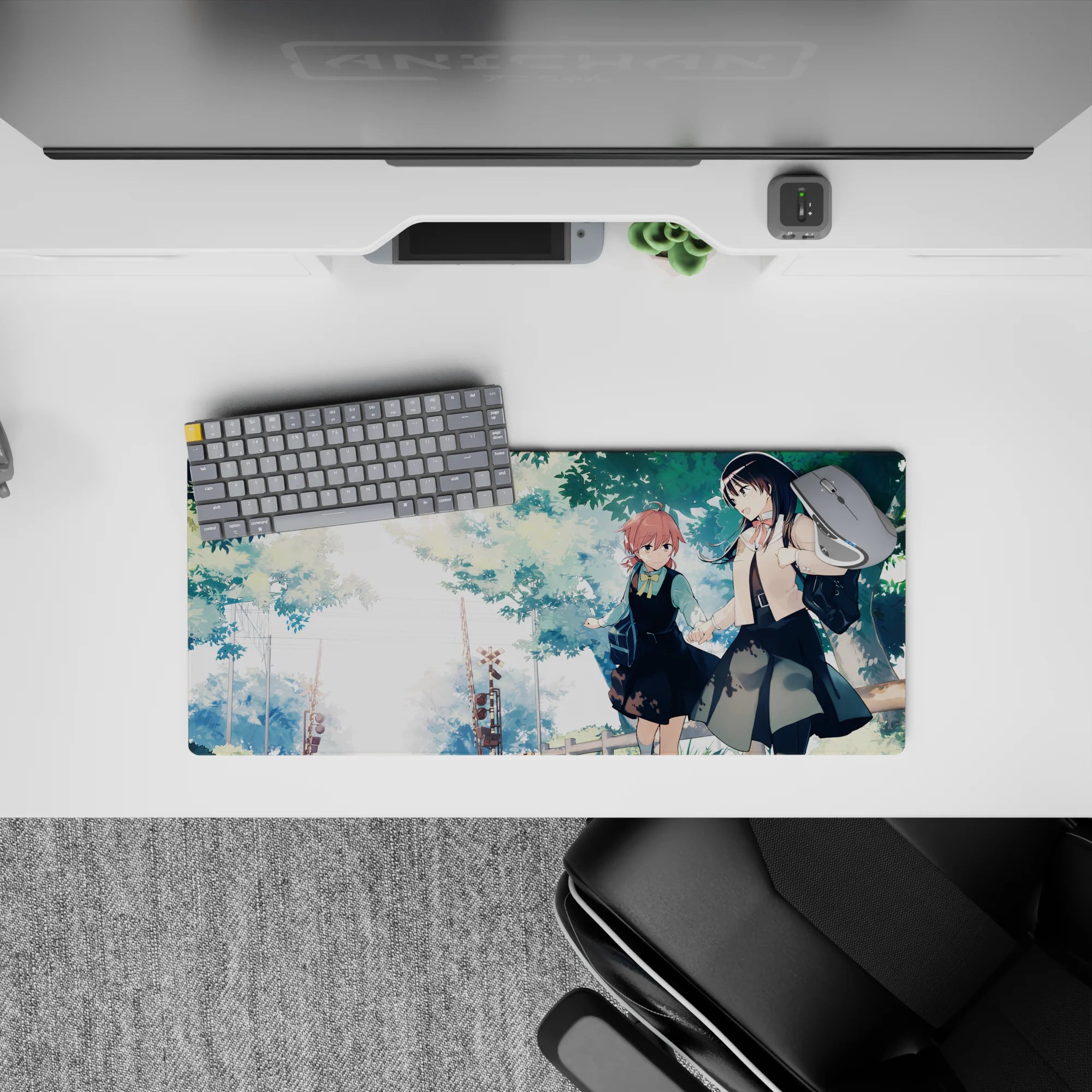 Pastel anime girl mouse pad 28x12 inches in soft greens and sky whites, warm watercolor calm mood.