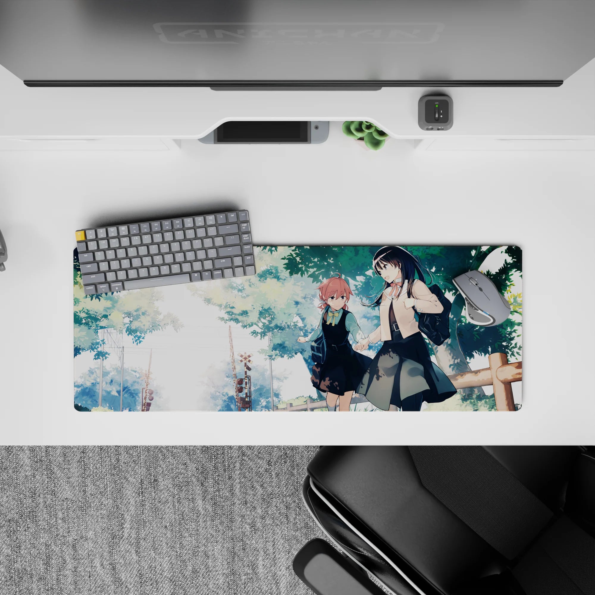 32x12 inches anime girl mouse pad in soft watercolor pastels, warm calm vibe with gentle sky whites.