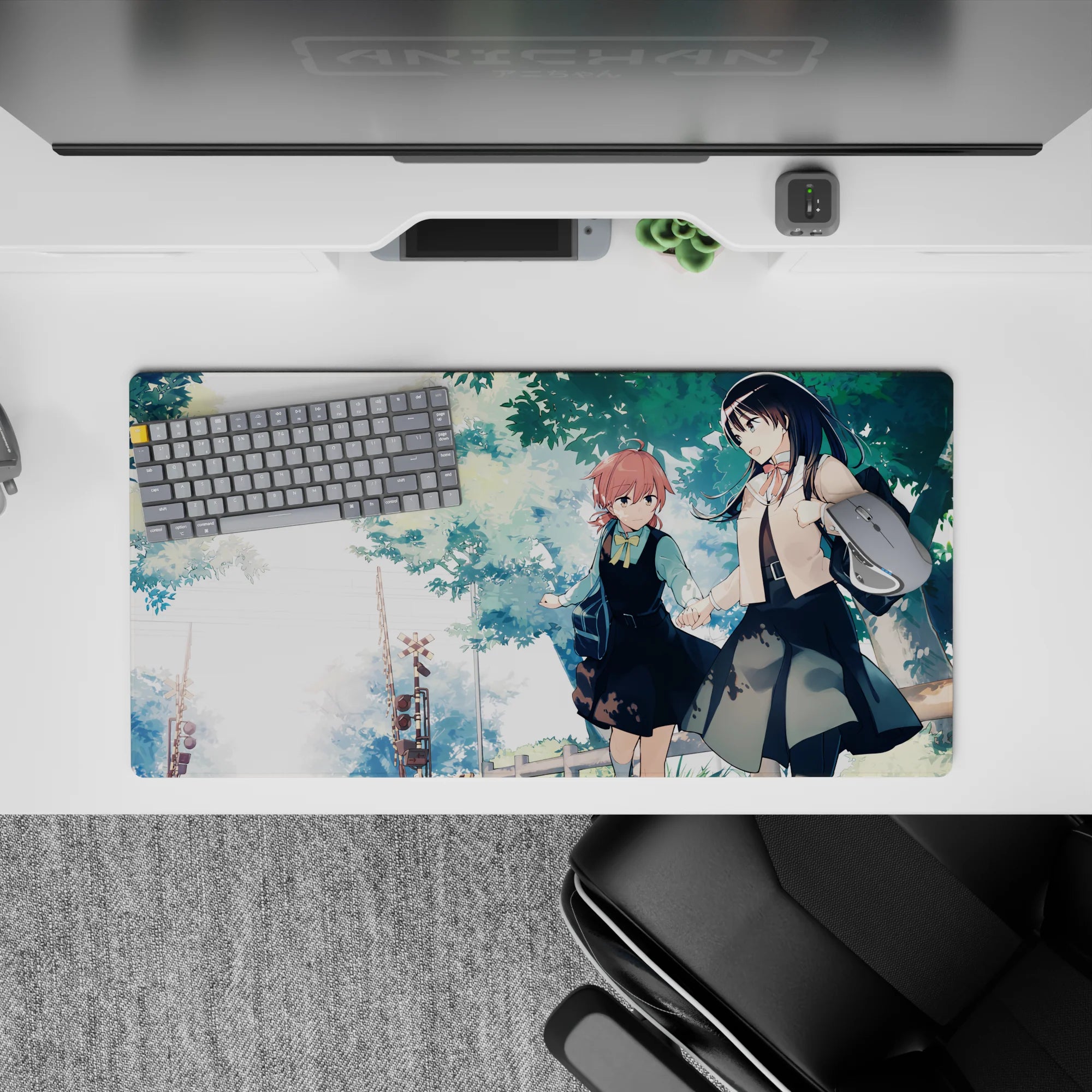 Pastel watercolor anime girl mouse pad 32x16 inches, soft sky whites and warm calm mood for desk setup.