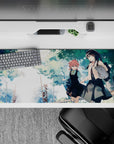 36x16 inches anime girl desk pad in soft pastels and warm watercolor shadows, calm slice-of-life vibe.