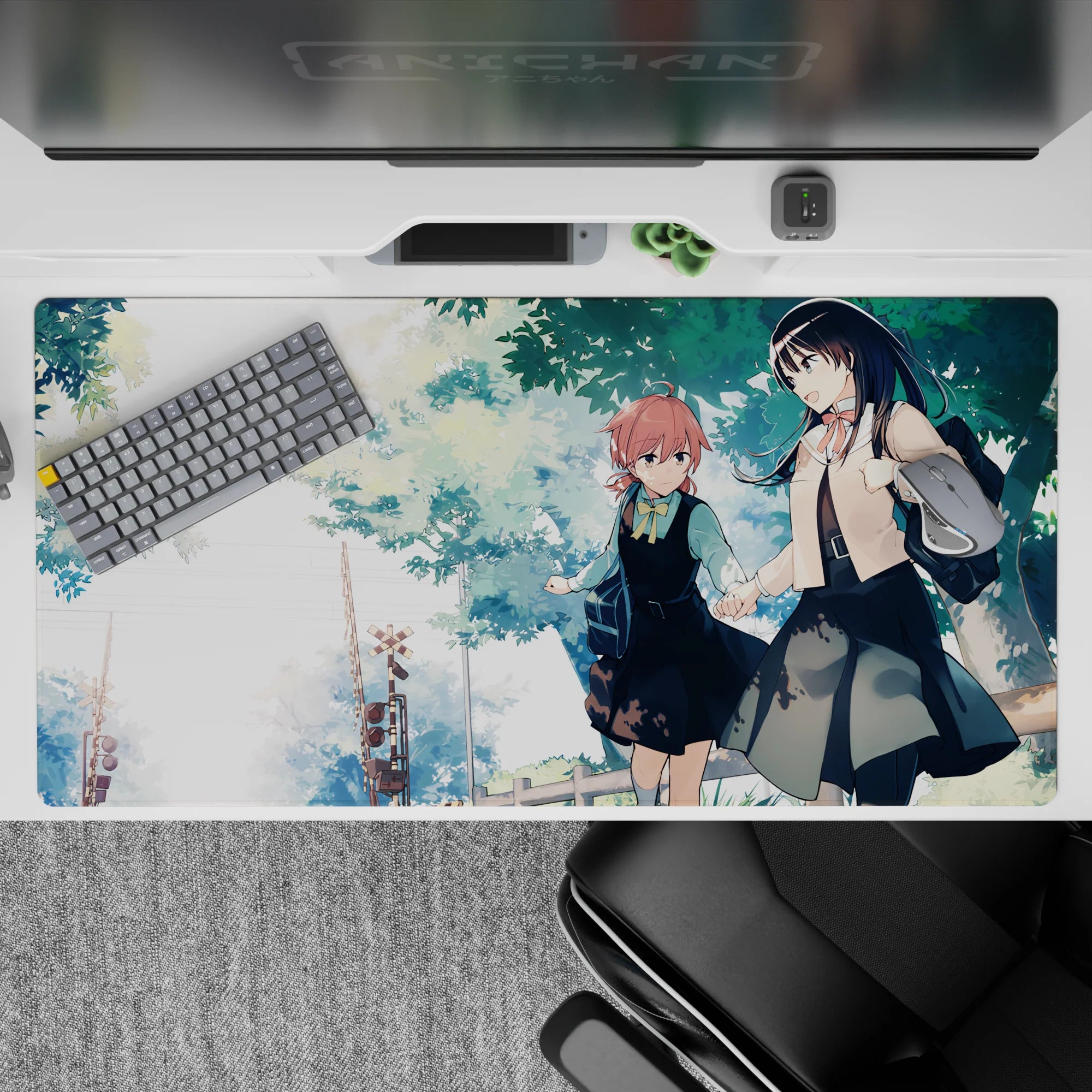 Pastel watercolor anime girl desk pad 40x20 inches, soft greens and sky whites for a calm study vibe.