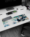 32x12 inches anime girl mouse pad showing two schoolgirls holding hands beneath leafy canopies, skirts fluttering.
