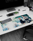 36x16 inches anime girl desk pad showing two schoolgirls holding hands on a tree-lined path, breezy skirts.
