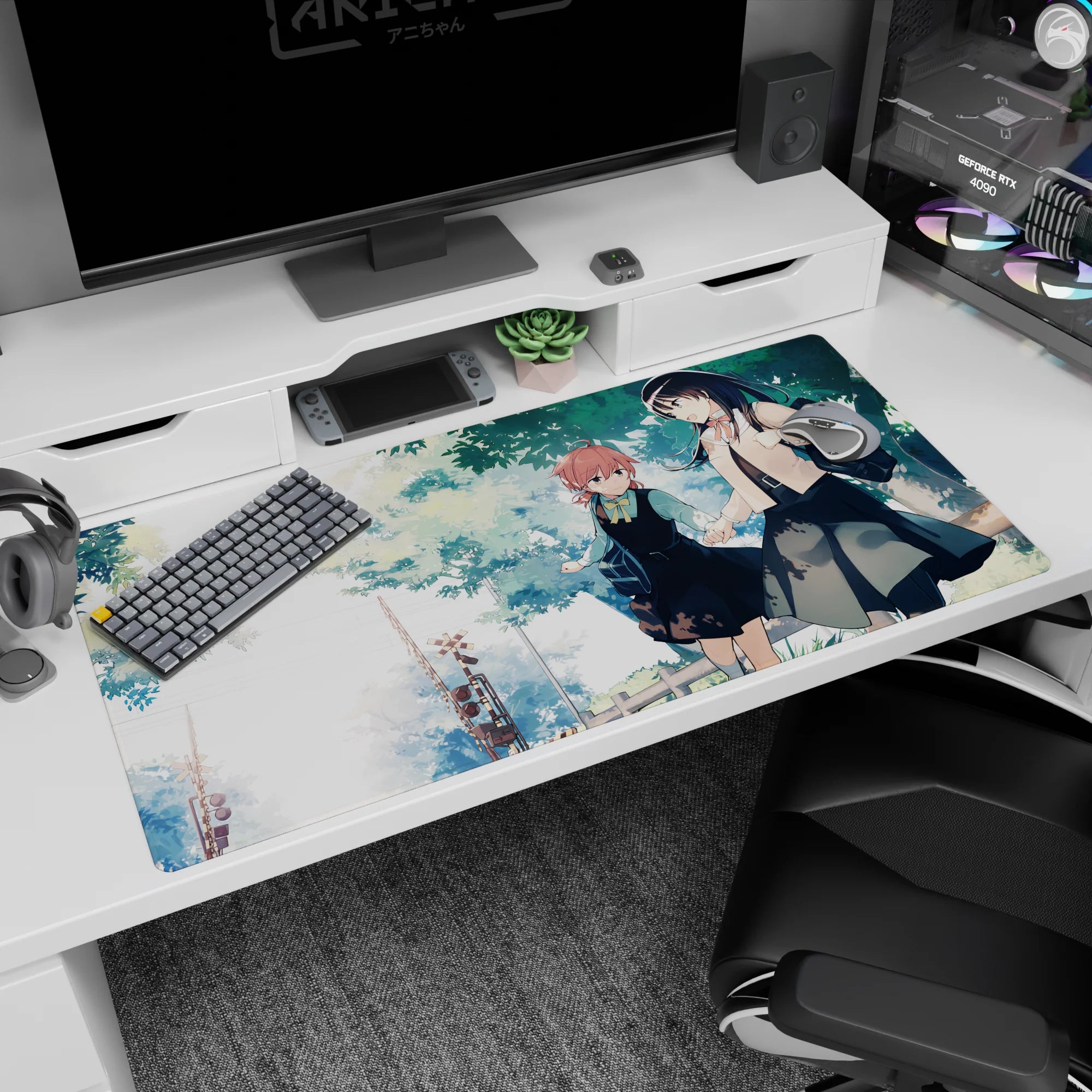 40x20 inches anime girl desk pad showing two schoolgirls hand-in-hand on a tree-lined path, skirts fluttering.