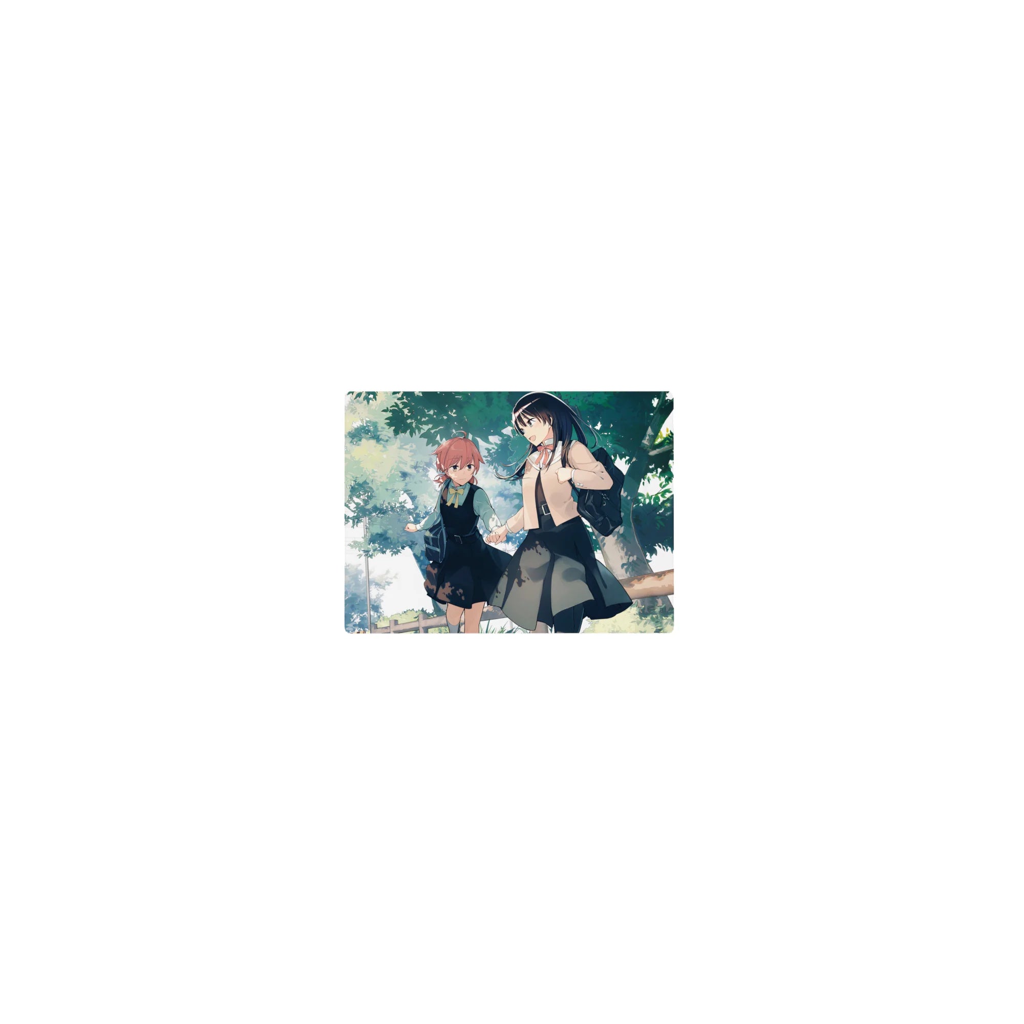 Classic anime girl mouse pad 14x10 inches with two schoolgirls in a leafy, slice-of-life scene.