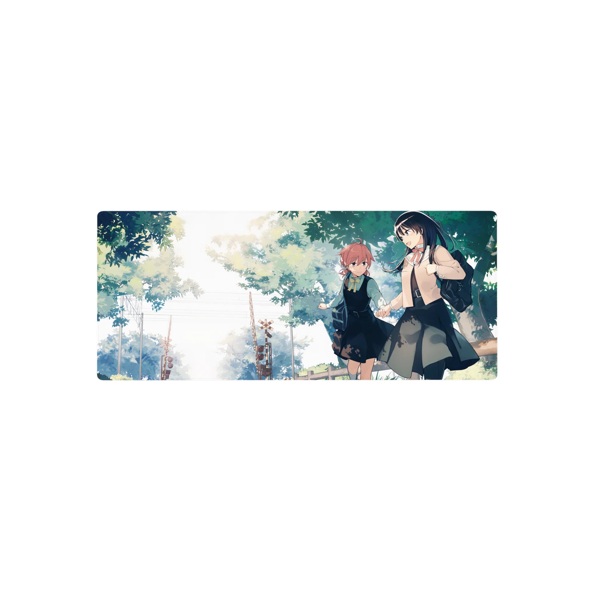 Anime girl mouse pad 28x12 inches with two schoolgirls walking under green trees, crisp line art.