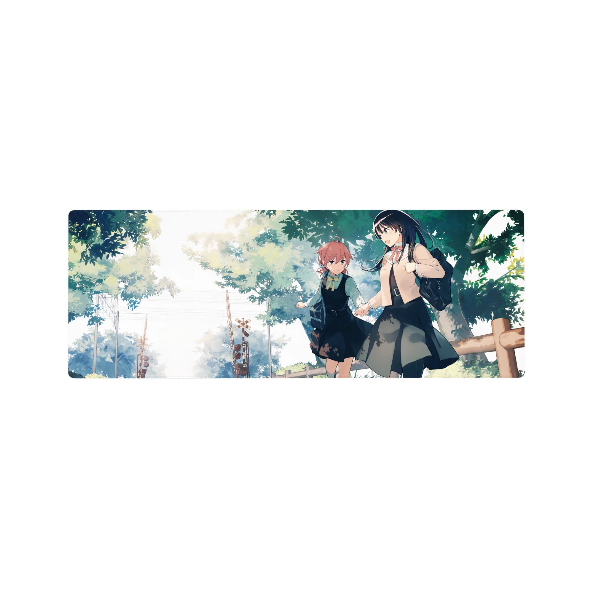 32x12 inches anime girl mouse pad with two schoolgirls walking under green trees, pastel slice-of-life art.