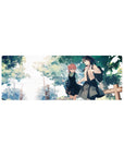 32x12 inches anime girl mouse pad with two schoolgirls walking under green trees, pastel slice-of-life art.