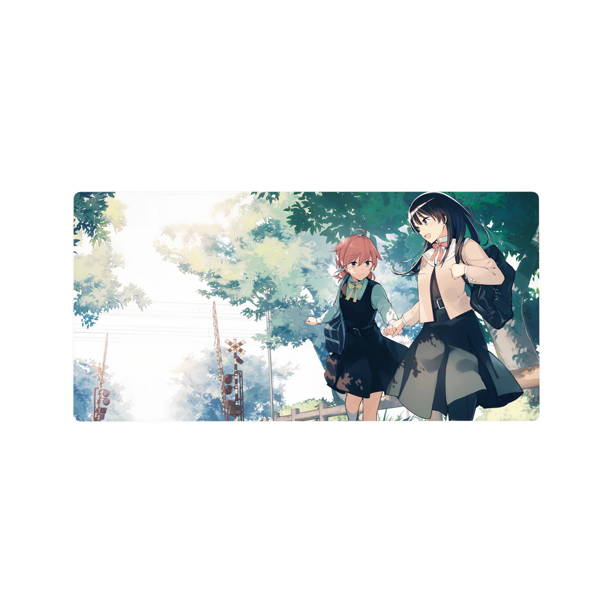 Anime girl mouse pad 32x16 inches with two schoolgirls walking under leafy trees, pastel slice-of-life art.