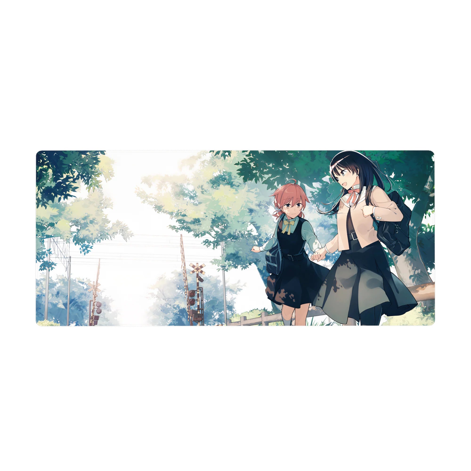 36x16 inches anime girl desk pad with two schoolgirls walking under leafy trees, pastel watercolor style.