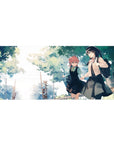 36x16 inches anime girl desk pad with two schoolgirls walking under leafy trees, pastel watercolor style.
