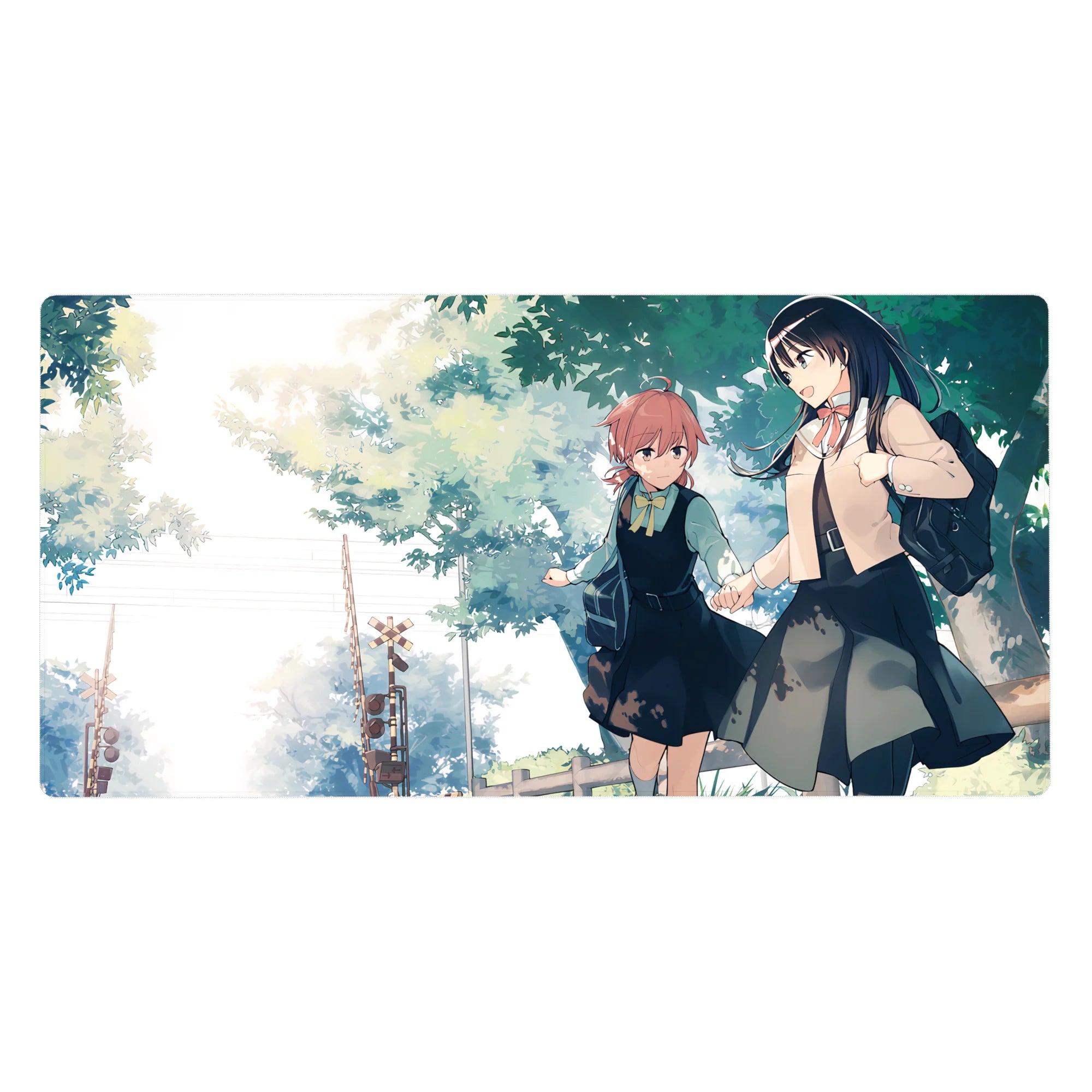 Anime girl desk pad 40x20 inches with two schoolgirls walking under leafy trees, pastel slice-of-life art.