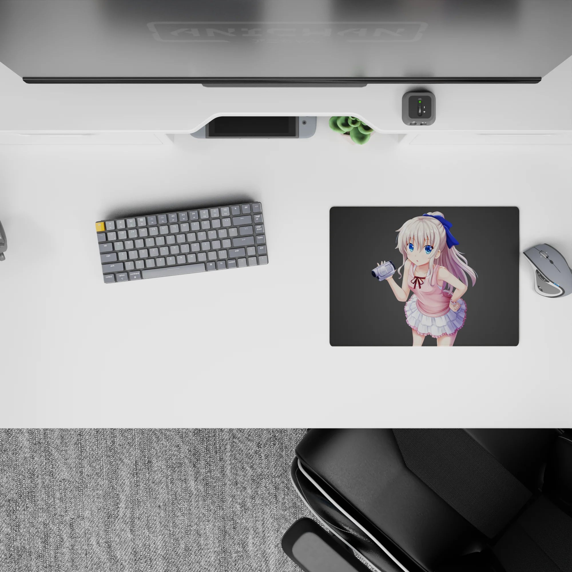 Pastel summer vibe mouse pad 14x10 inches in pink, white, and blue on a clean gray background.
