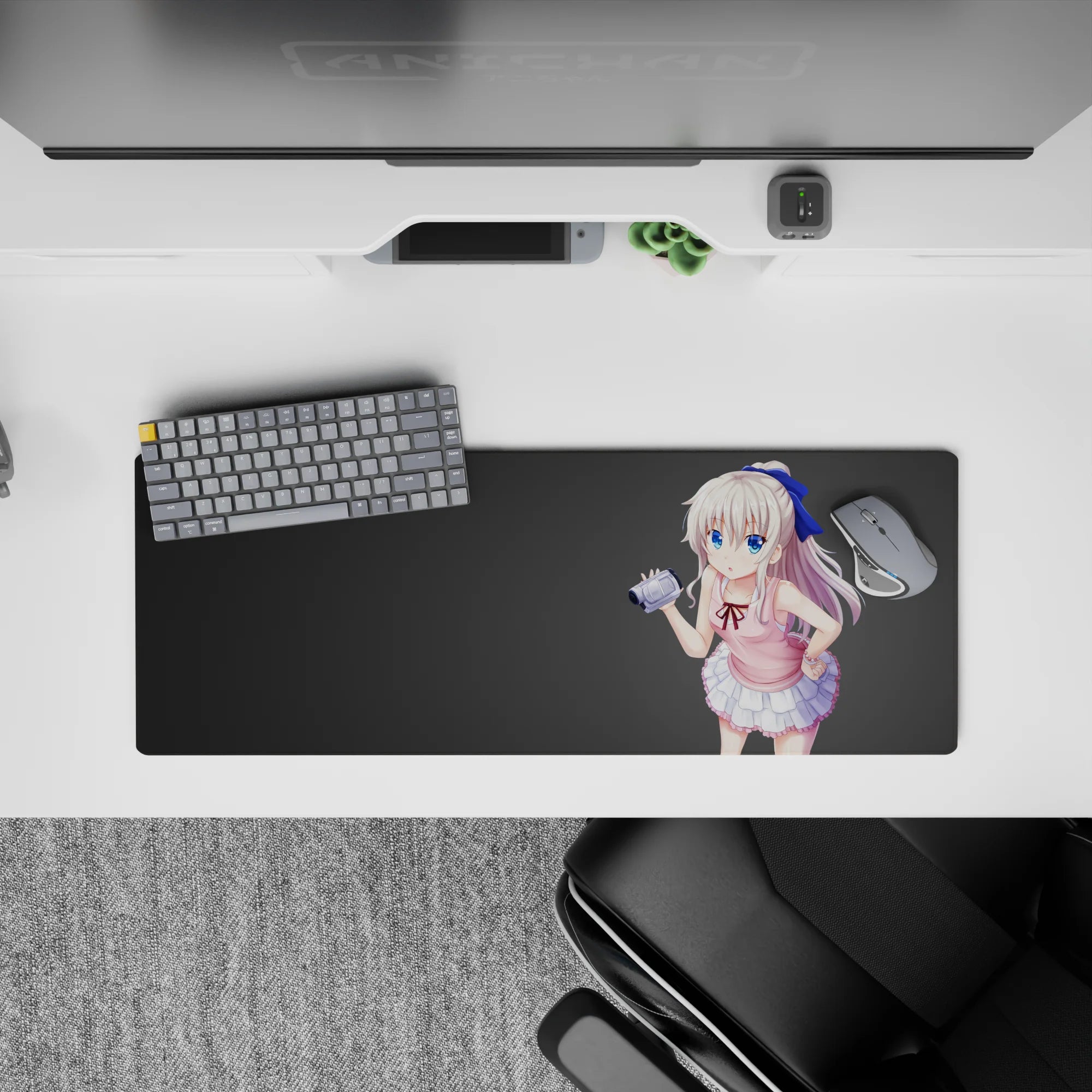 Pastel pink and white anime desk mat mouse pad 32x12 inches, cozy shy vibe on clean gray background.