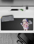 Pastel pink and white anime desk mat mouse pad 32x12 inches, cozy shy vibe on clean gray background.