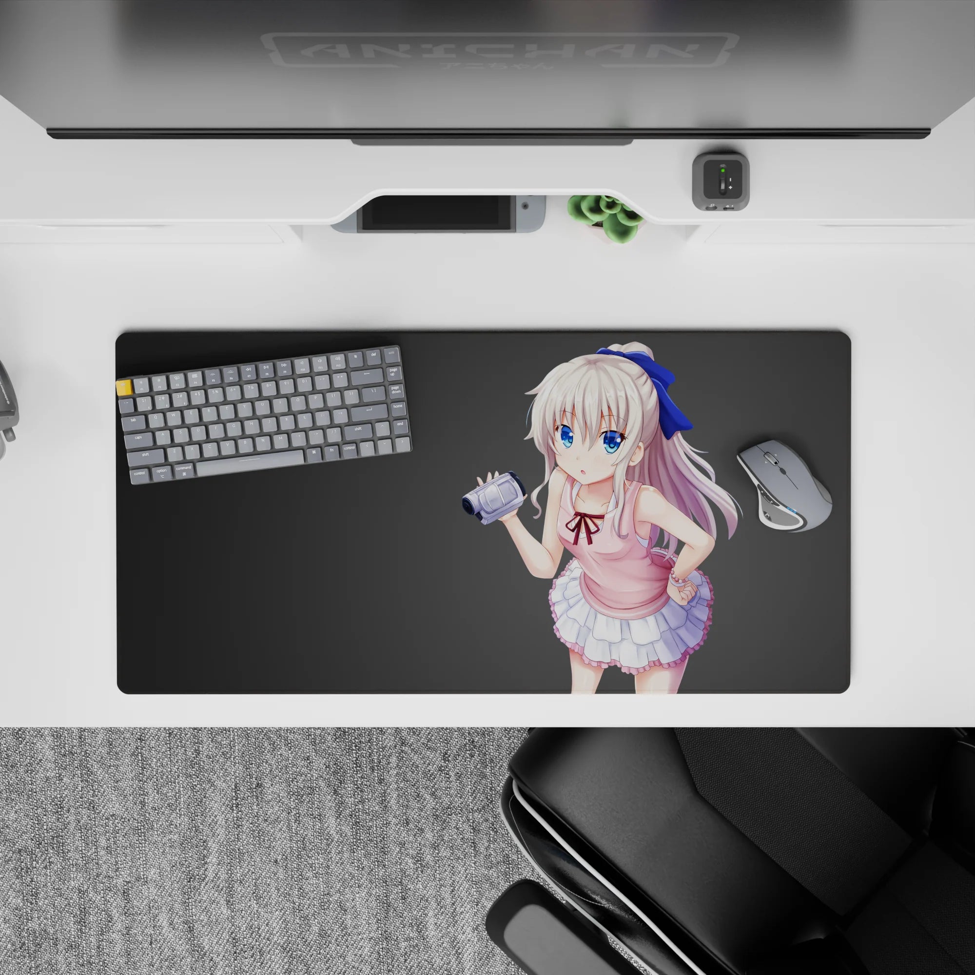 32x16 inches pastel kawaii mouse pad, soft pink and white with blue accents on a clean gray backdrop.