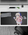 32x16 inches pastel kawaii mouse pad, soft pink and white with blue accents on a clean gray backdrop.