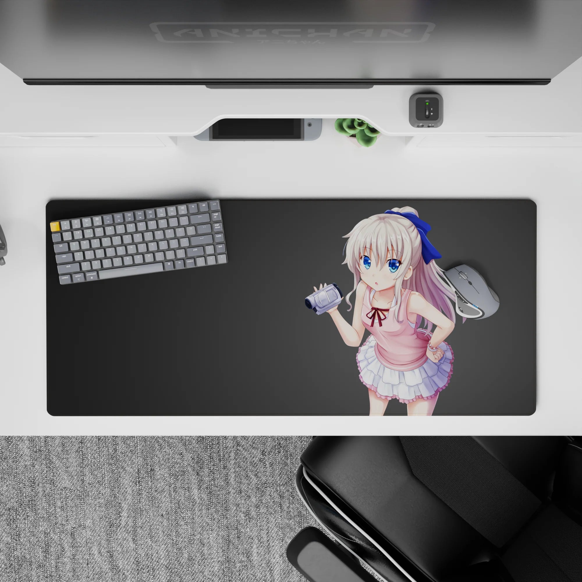 36x16 inches pastel kawaii desk pad in soft pink, white frills, blue ribbon, cozy summer vibe.