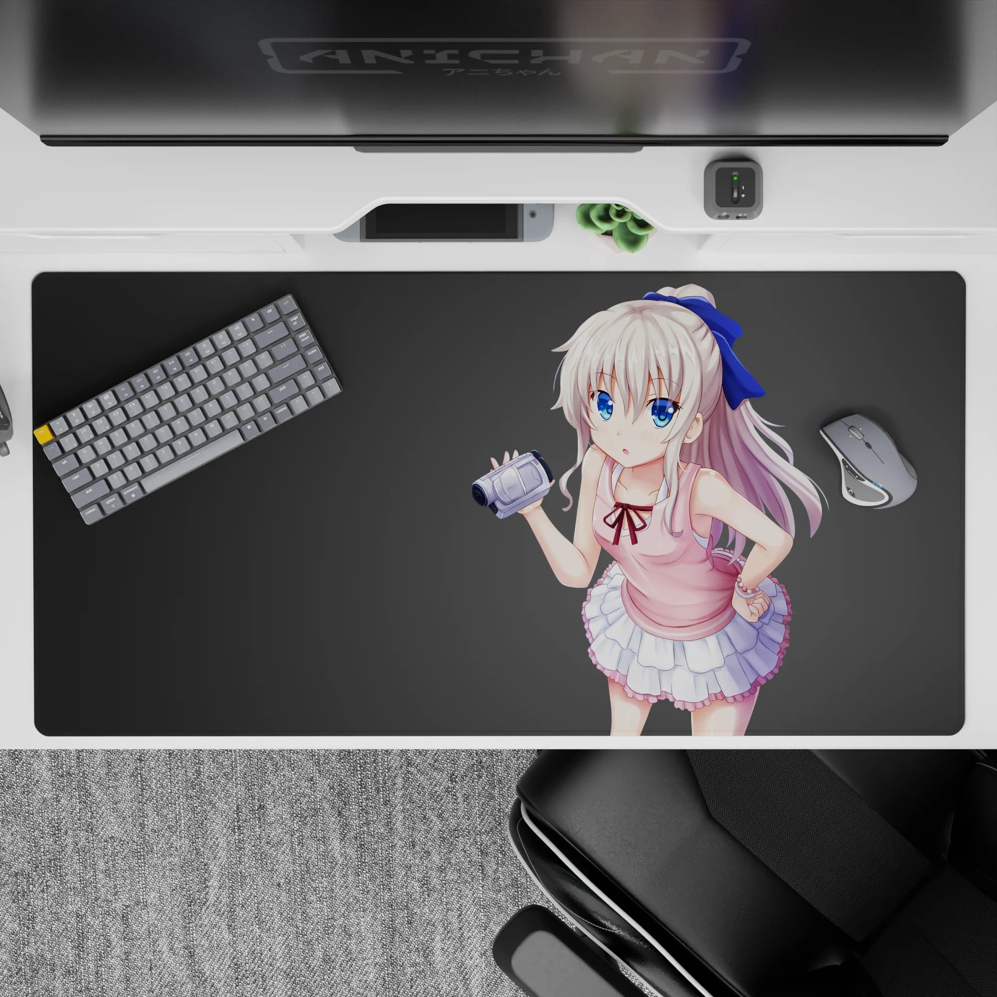 Soft pastel anime desk pad 40x20 inches, pink top, frilly white skirt, blue ribbon, cozy summer vibe.