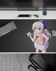 Soft pastel anime desk pad 40x20 inches, pink top, frilly white skirt, blue ribbon, cozy summer vibe.