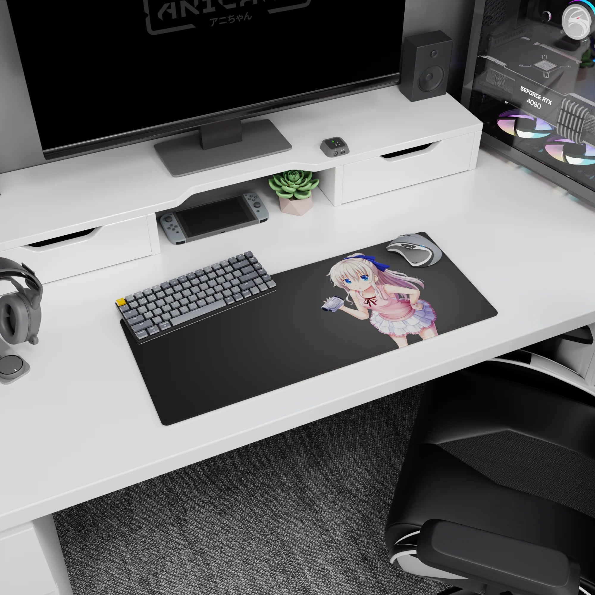 28x12 inches anime mouse pad featuring shy silver-haired girl holding a tiny camera, frilly skirt and pout.