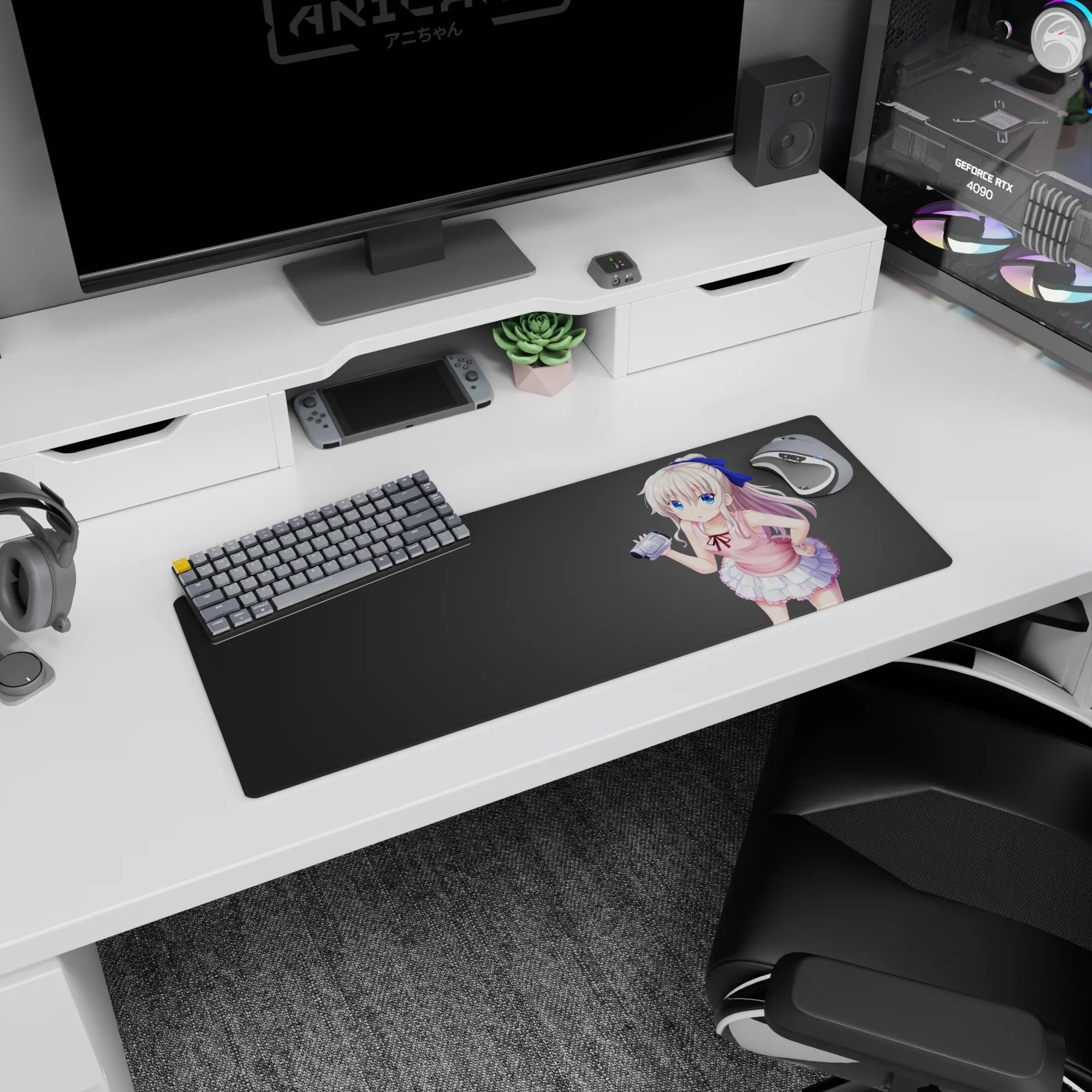 Anime girl holding a tiny camera on extended mouse pad 32x12 inches, big blue ribbon and pouty look.