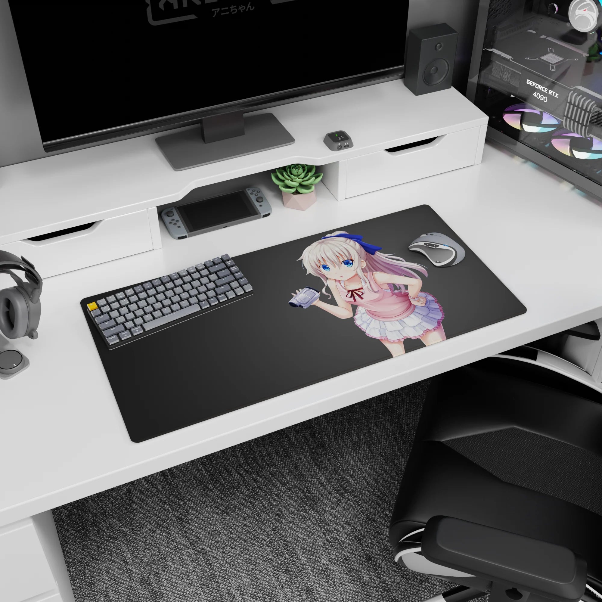 32x16 inches anime desk mat featuring shy silver-haired girl holding a tiny camera, huge blue eyes.